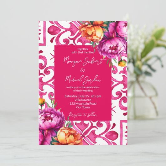 Invitation Fuchsia Majolica tuiles oranges pivoines tout en u (Debout devant)