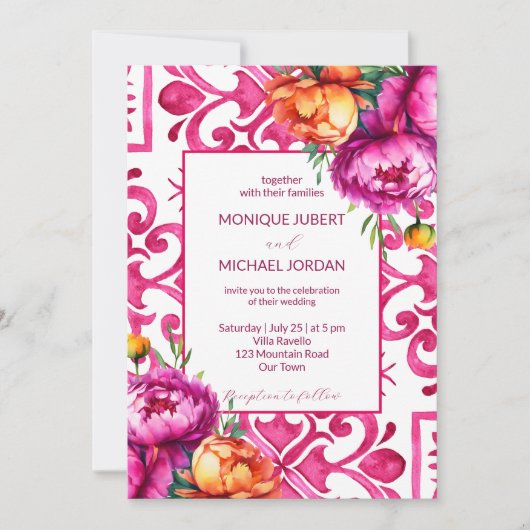 Invitation Fuchsia Majolica tuiles oranges pivoines tout en u (Devant)