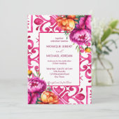 Invitation Fuchsia Majolica tuiles oranges pivoines tout en u (Debout devant)