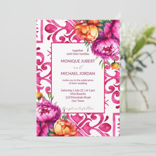 Invitation Fuchsia Majolica tuiles oranges pivoines tout en u (Debout devant)