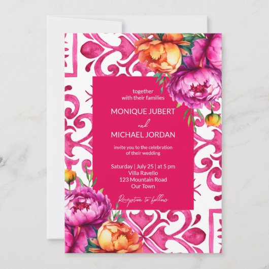 Invitation Fuchsia Majolica tuiles oranges pivoines tout en u (Devant)