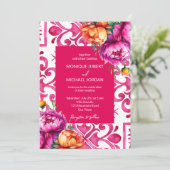 Invitation Fuchsia Majolica tuiles oranges pivoines tout en u (Debout devant)