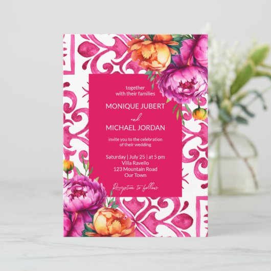 Invitation Fuchsia Majolica tuiles oranges pivoines tout en u (Debout devant)