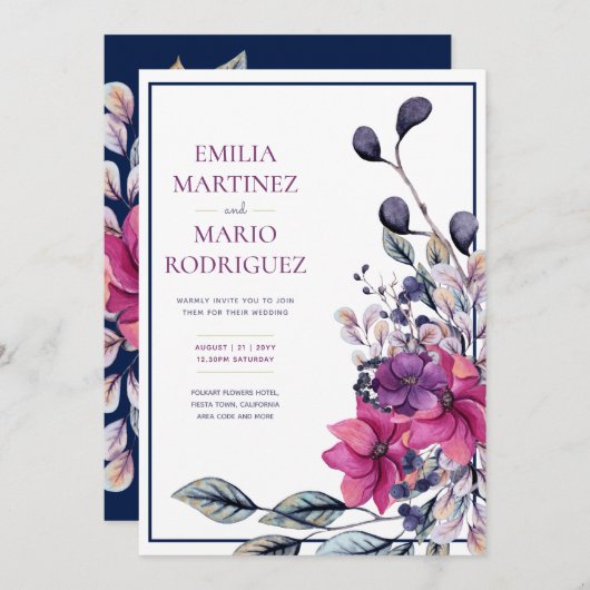 Invitation Fuchsia Mariage floral bleu marine rose (Devant / Derrière)