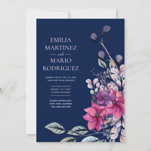 Invitation Fuchsia Mariage floral bleu marine rose (Devant)