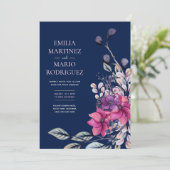 Invitation Fuchsia Mariage floral bleu marine rose (Debout devant)
