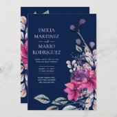 Invitation Fuchsia Mariage floral bleu marine rose (Devant / Derrière)