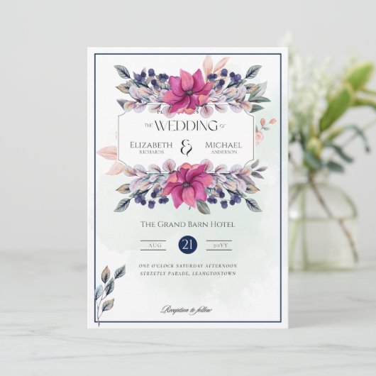 Invitation Fuchsia Marine Rose Bleu Floral Chic Mariage (Debout devant)