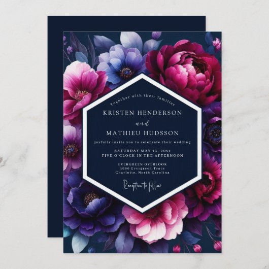 Invitation Fuchsia Midnight Flora Wedding (Devant / Derrière)
