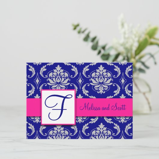 Invitation Fuchsia Navy Blue Silver Damask Enregistrer la dat (Debout devant)