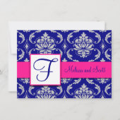 Invitation Fuchsia Navy Blue Silver Damask Enregistrer la dat (Devant)