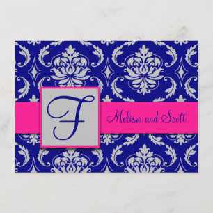 Invitation Fuchsia Navy Blue Silver Damask Enregistrer la dat