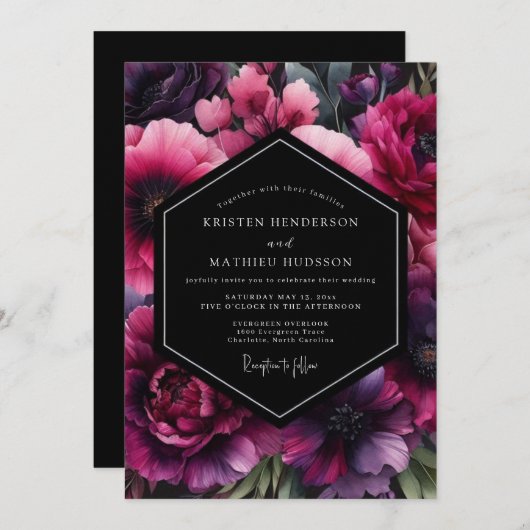 Invitation Fuchsia Nocturnal Bloom Wedding (Devant / Derrière)