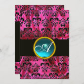 INVITATION FUCHSIA NOIR SOIE DAMASK BLUE GEM MONOGRAM (Devant / Derrière)
