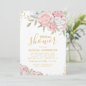 Invitation Fuchsia Or Doré Fleurs Mariage Pailleté (Debout devant)