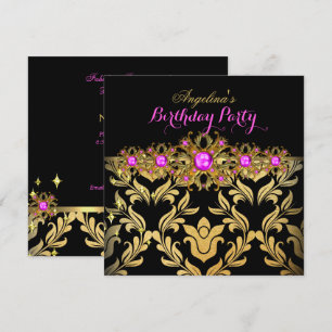 Invitation Fuchsia Or Noir Damassé Fête d'Anniversaire 2