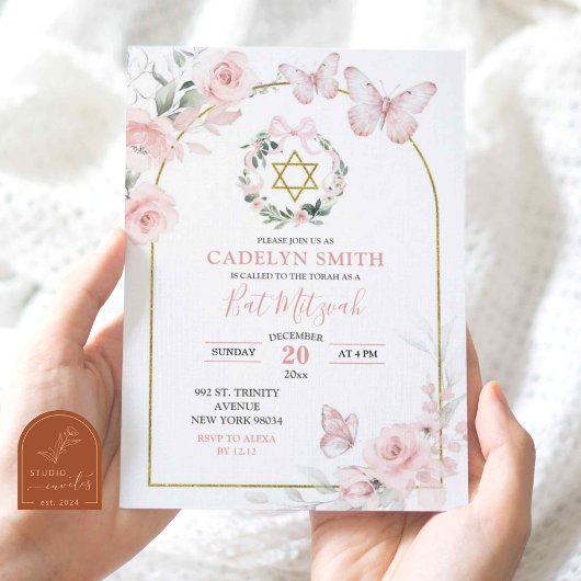 Invitation Fuchsia Papillon Bat Mitzvah Floral