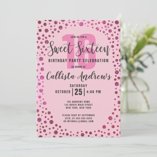 Invitation Fuchsia Parties scintillant rose Confetti Bordure (Debout devant)