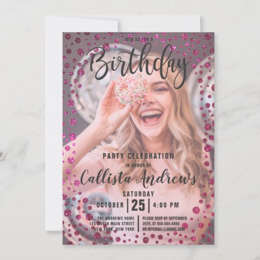 Invitation Fuchsia Parties scintillant rose Confetti Photo An (Devant)