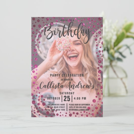 Invitation Fuchsia Parties scintillant rose Confetti Photo An (Debout devant)