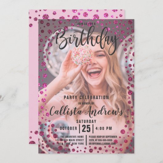 Invitation Fuchsia Parties scintillant rose Confetti Photo An (Devant / Derrière)