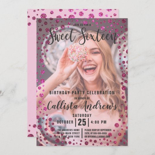 Invitation Fuchsia Parties scintillant rose Confetti Photo Sw (Devant / Derrière)