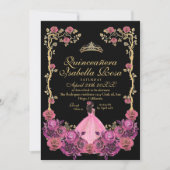 Invitation Fuchsia Pink and Black Gold Quinceanera XV Años (Devant)