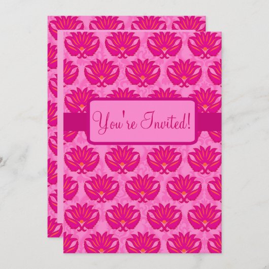 Invitation Fuchsia Pink Art Nouveau Damask Party (Devant / Derrière)