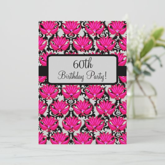 Invitation Fuchsia Pink Black Damask 60e anniversaire (Debout devant)