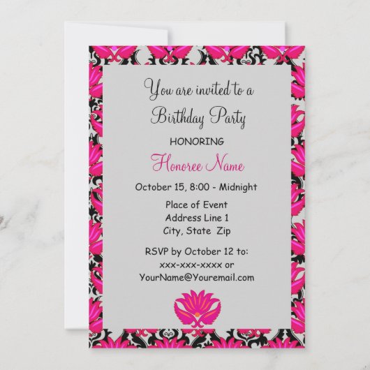 Invitation Fuchsia Pink Black Damask 60e anniversaire (Dos)