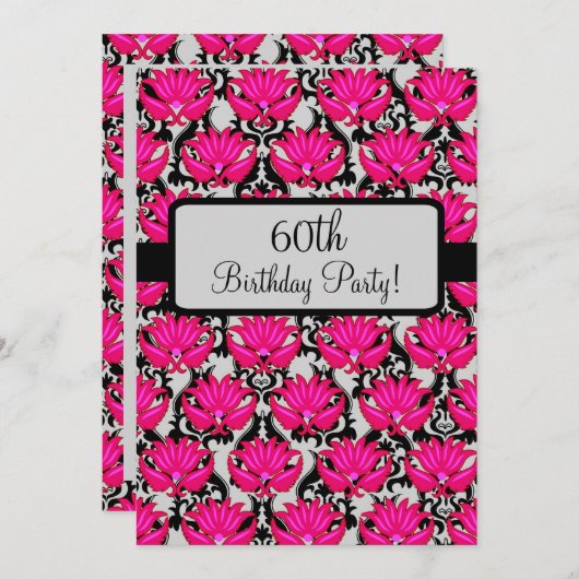 Invitation Fuchsia Pink Black Damask 60e anniversaire (Devant / Derrière)