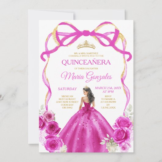 Invitation Fuchsia Pink Bow Princess Gold Crown Quinceañera (Devant)