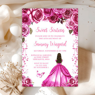 Invitation Fuchsia Pink Brown cheveux princesse Sweet sixteen