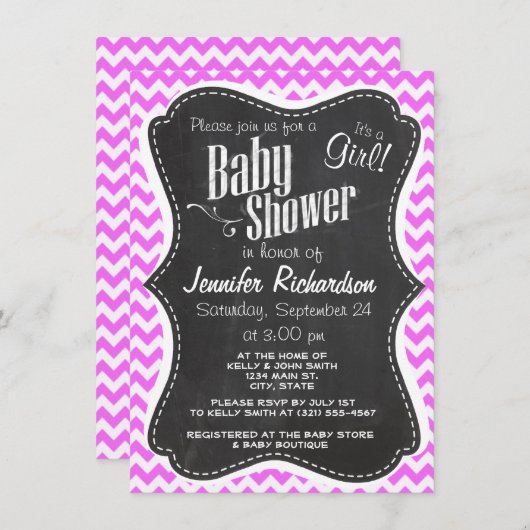 Invitation Fuchsia Pink Chevron Stripes; Chalkboard look (Devant / Derrière)