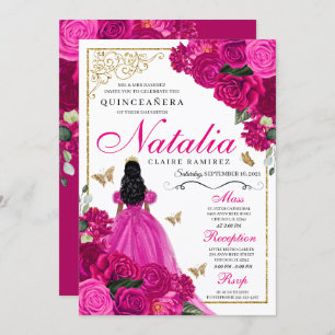Invitation Fuchsia Pink Gold Princess Butterflies Quinceañera