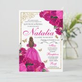 Invitation Fuchsia Pink Gold Princess Butterflies Quinceañera (Debout devant)