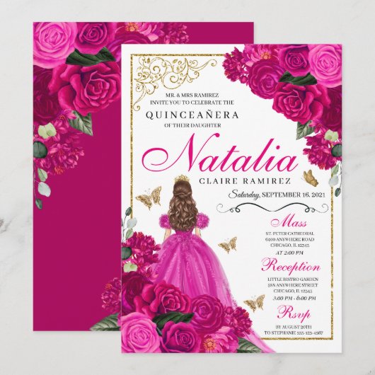 Invitation Fuchsia Pink Gold Princess Butterflies Quinceañera (Devant / Derrière)