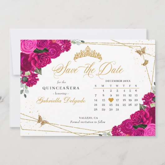 Invitation Fuchsia Pink & Gold Quinceañera Enregistrer La Dat (Devant)
