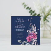 Invitation Fuchsia Pink Navy Blue Floral Mariage Budget (Debout devant)