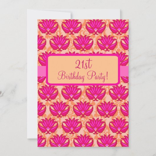 Invitation Fuchsia Pink Orange Damask 21ème anniversaire (Devant)