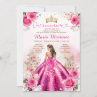 Fuchsia Pink Princess Floral Gold Quinceañera