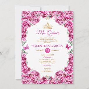Invitation Fuchsia Pink Quinceañera 15 Anos Floral Gold Crown