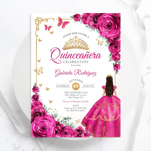 Invitation Fuchsia Pink Roses Gold Quinceanera Elegant Chic