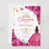 Invitation Fuchsia Pink Roses Gold Quinceanera Elegant Chic (Devant)