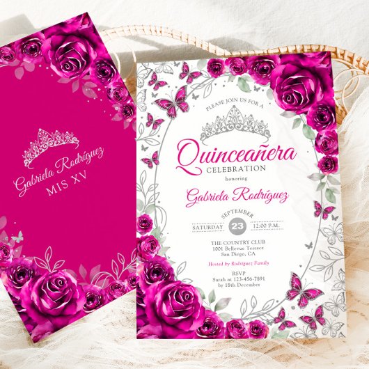Invitation Fuchsia Pink Silver Floral Quinceanera