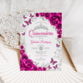 Invitation Fuchsia Pink Silver Floral Quinceanera
