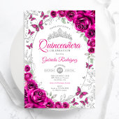 Invitation Fuchsia Pink Silver Floral Quinceanera