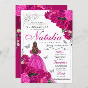 Invitation Fuchsia Pink Silver Princess Butterfly Quinceañera