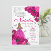 Invitation Fuchsia Pink Silver Princess Butterfly Quinceañera (Debout devant)