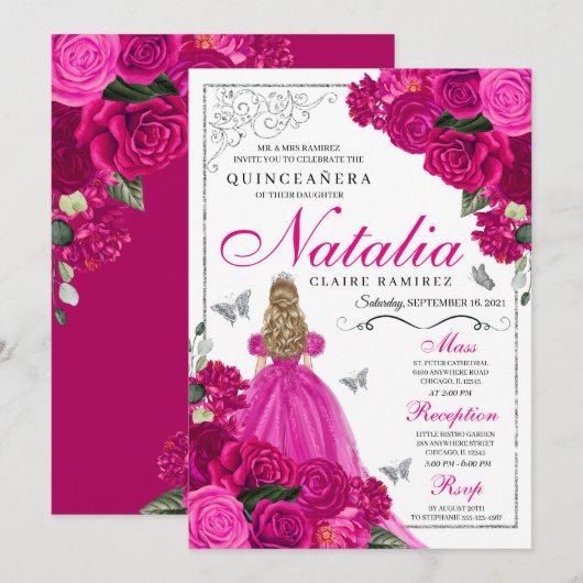 Invitation Fuchsia Pink Silver Princess Butterfly Quinceañera (Devant / Derrière)